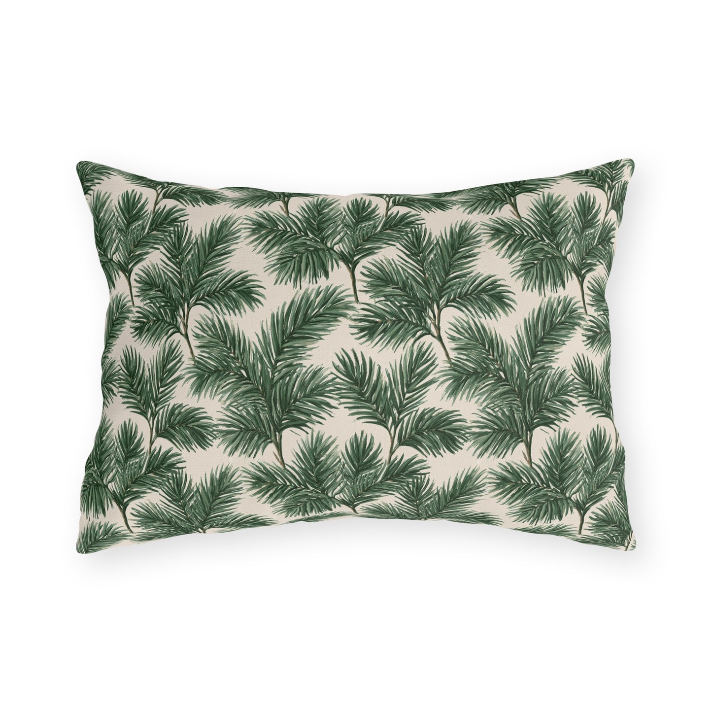Deep green pine and fir branches on cream outdoor lumbar pillow