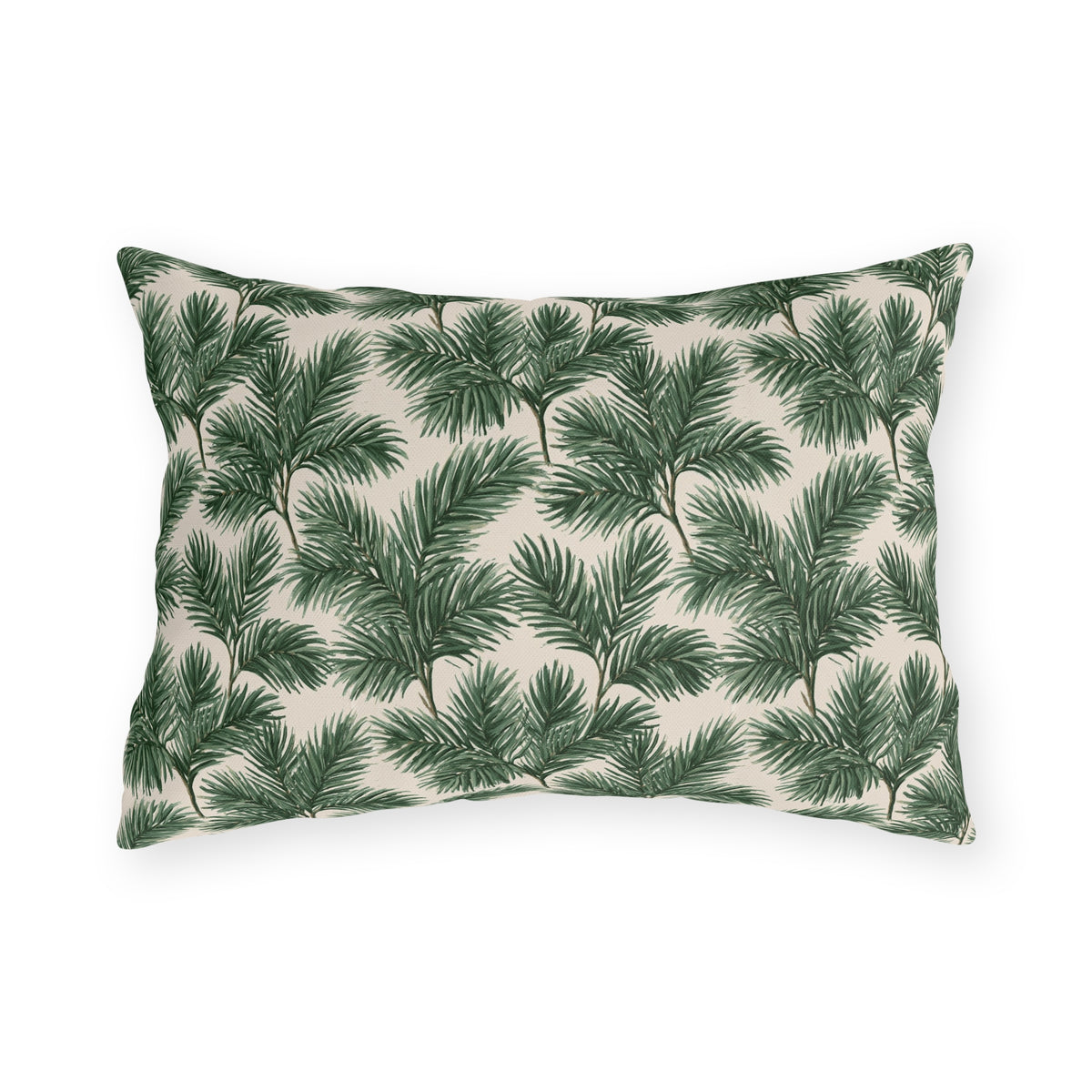 Deep green pine and fir branches on cream outdoor lumbar pillow