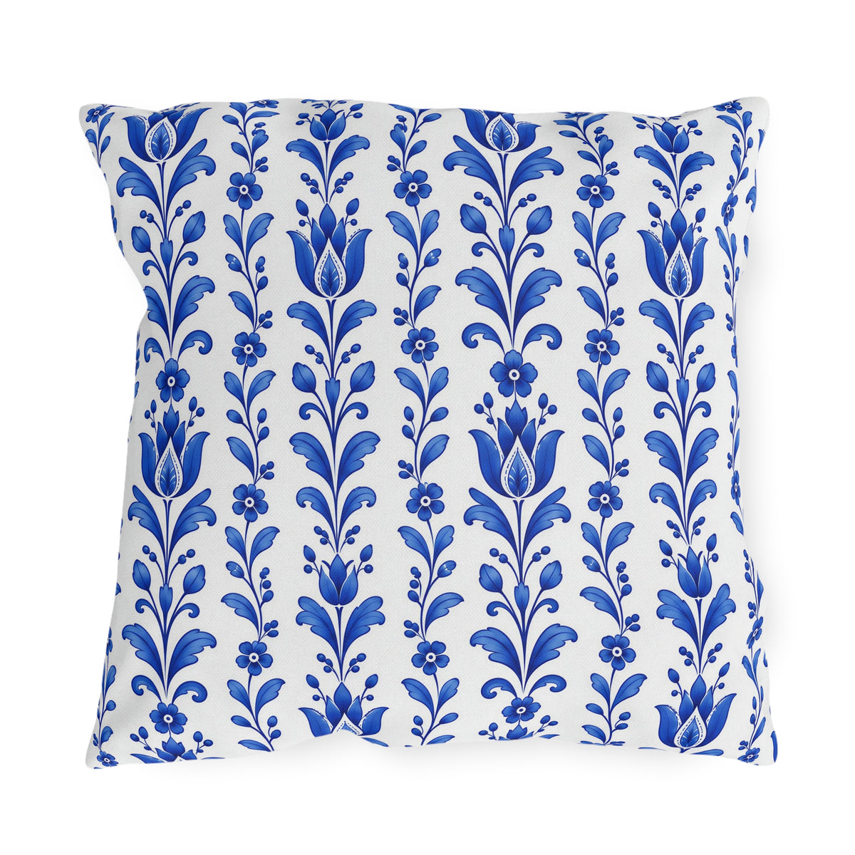 Cobalt blue folk tulip stripes on a white outdoor pillow