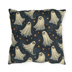 Cream ghosts and gold stars on midnight navy outdoor pillow