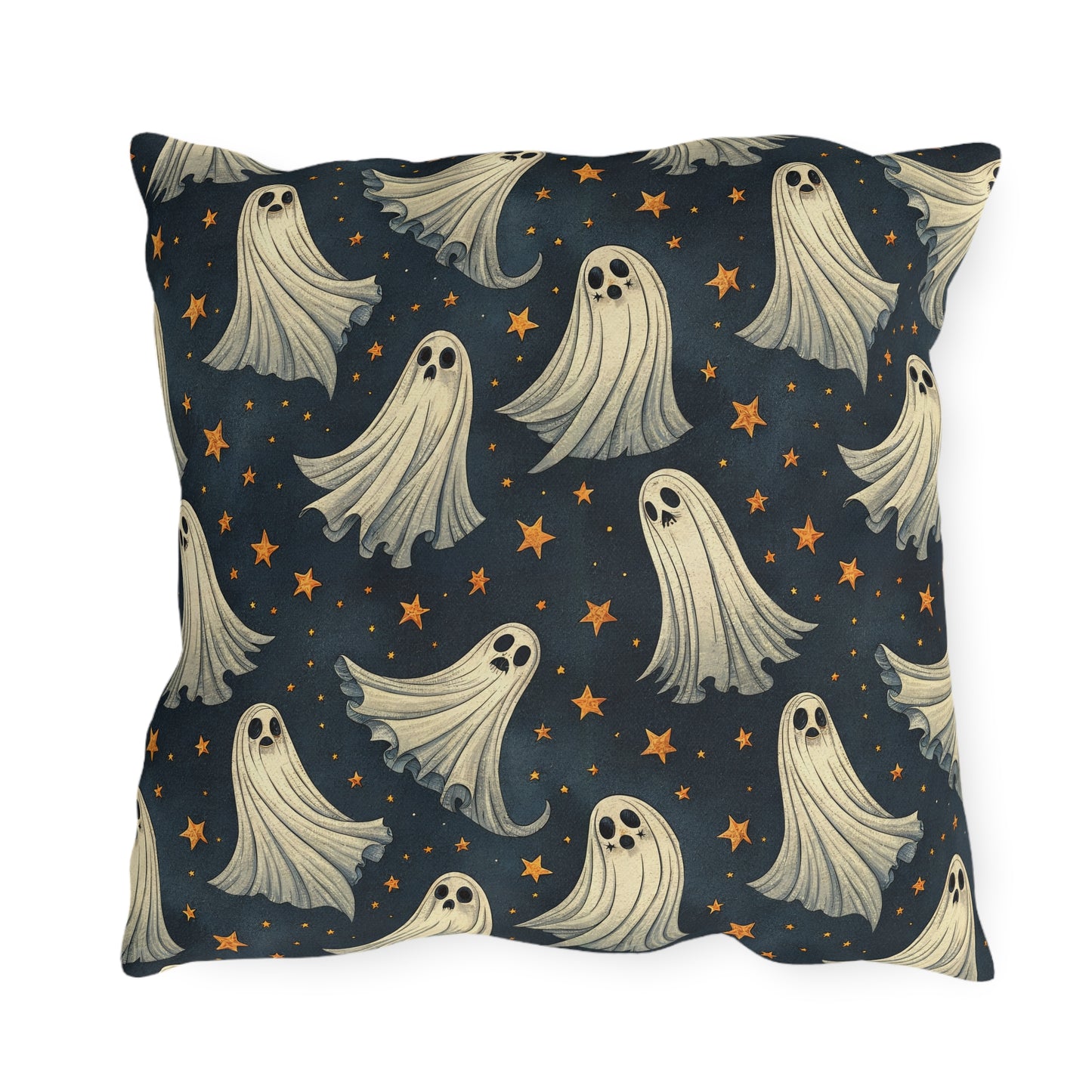 Cream ghosts and gold stars on midnight navy outdoor pillow