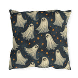 Cream ghosts and gold stars on midnight navy outdoor pillow