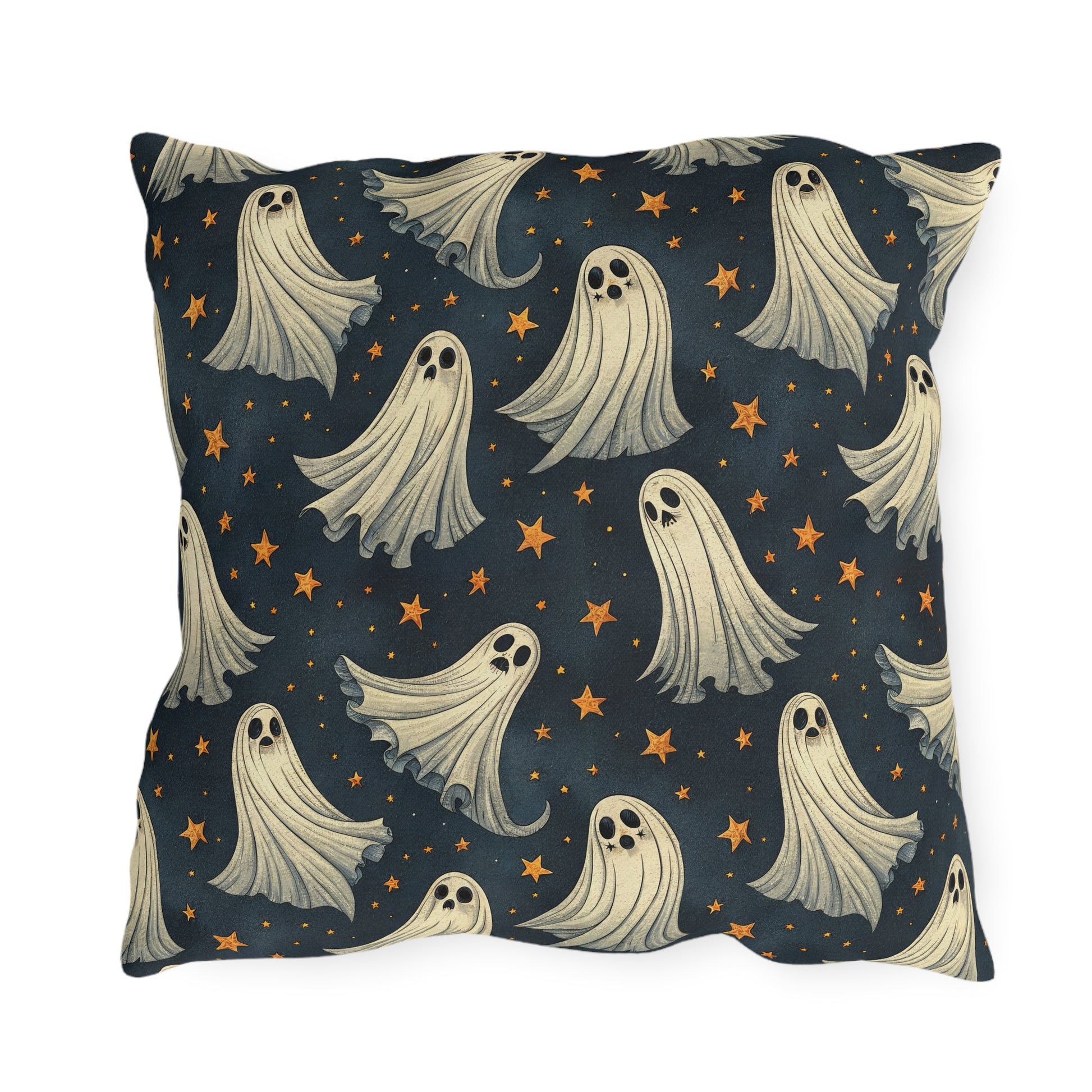 Cream ghosts and gold stars on midnight navy outdoor pillow