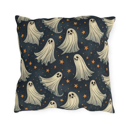 Cream ghosts and gold stars on midnight navy outdoor pillow