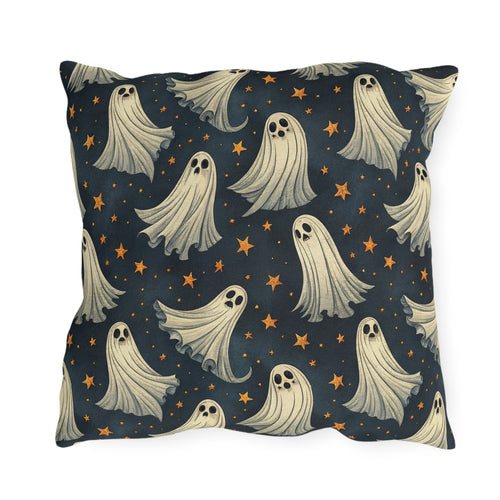 Cream ghosts and gold stars on midnight navy outdoor pillow
