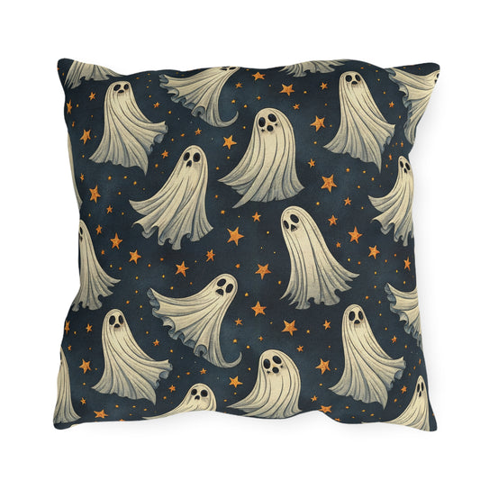 Cream ghosts and gold stars on midnight navy outdoor pillow