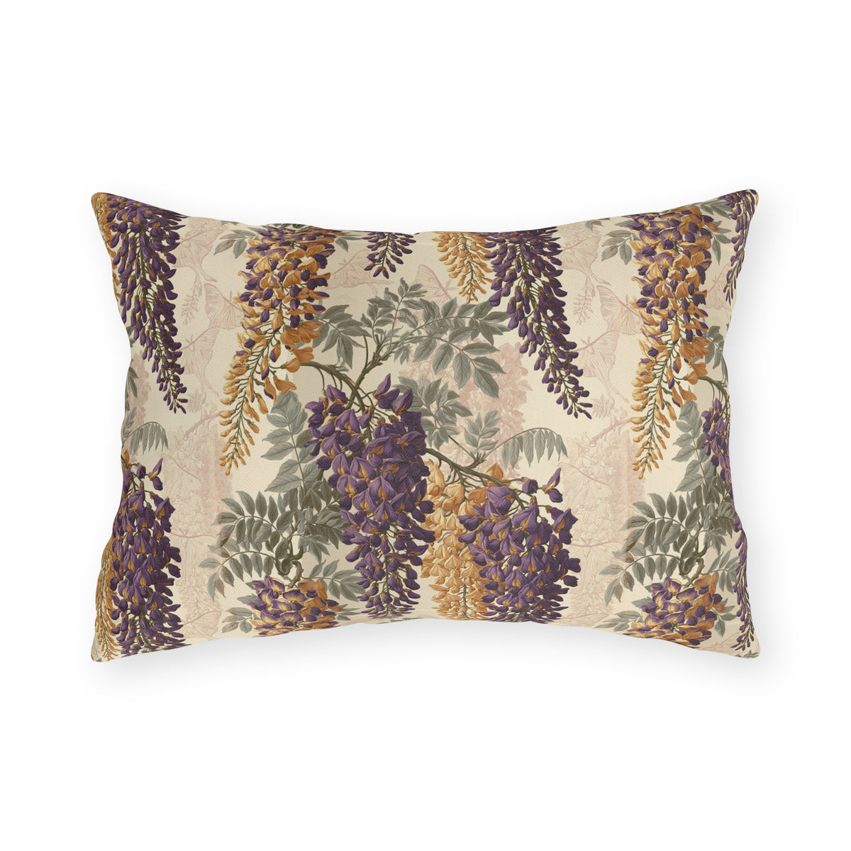 Cascading purple and amber wisteria with sage leaves on a cream outdoor lumbar pillow