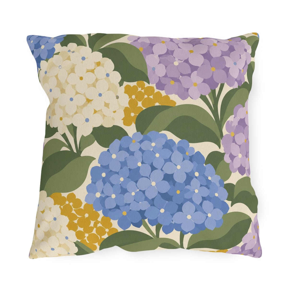 Hydrangea outdoor pillow with periwinkle blue, lilac and cream hydrangea blooms and sage green leaves