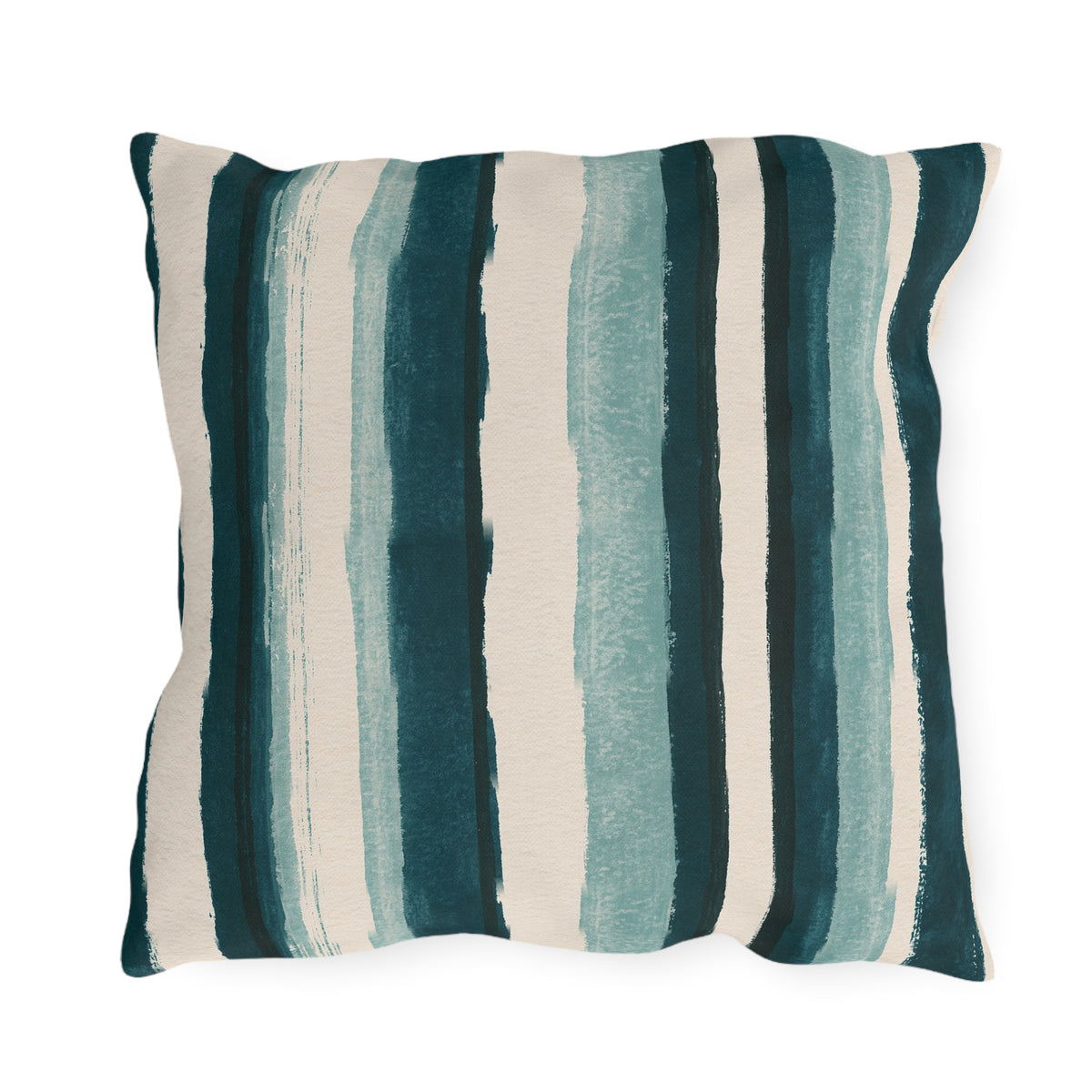 Teal and cream painted stripes on an outdoor pillow