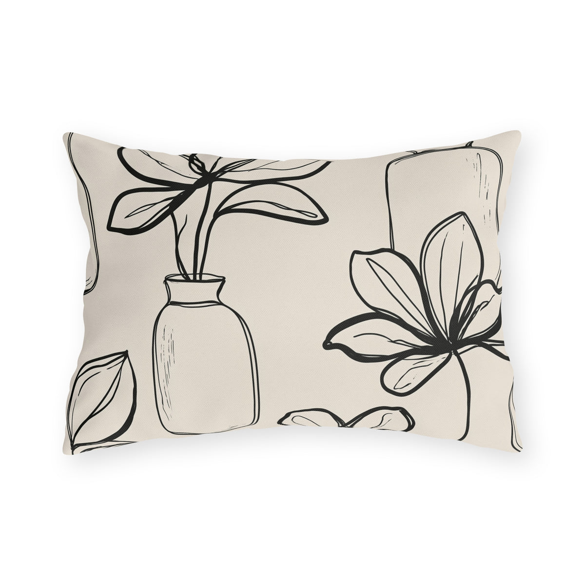 Black line-drawn plants in bottle vases on a cream outdoor lumbar pillow