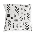 Black and white mudcloth outdoor pillow with hand-drawn arrows, diamonds and dashes in charcoal on warm white