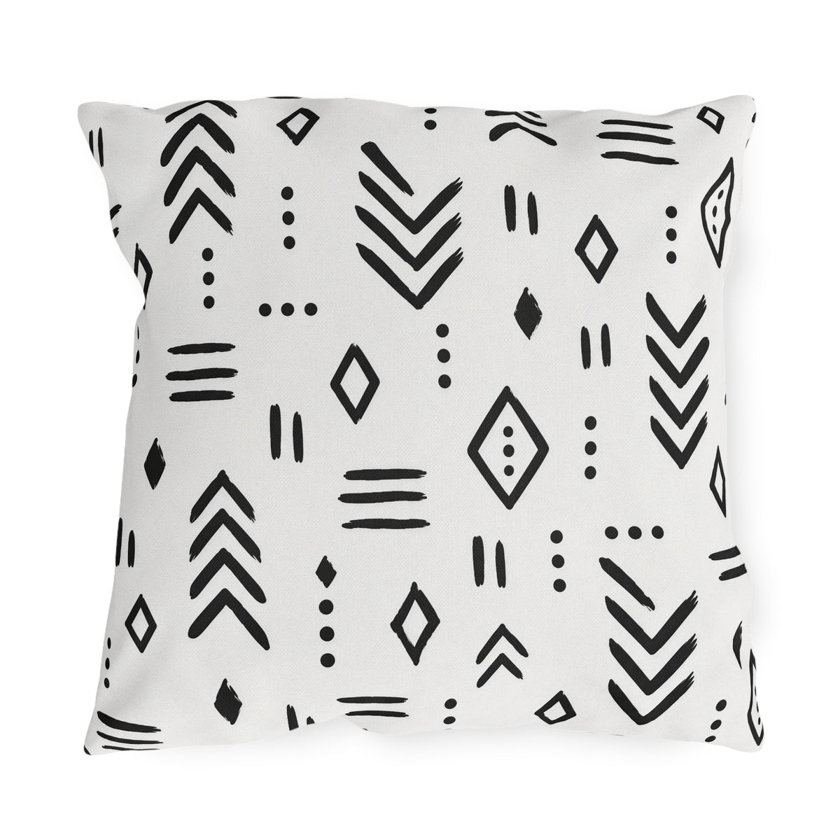 Black and white mudcloth outdoor pillow with hand-drawn arrows, diamonds and dashes in charcoal on warm white