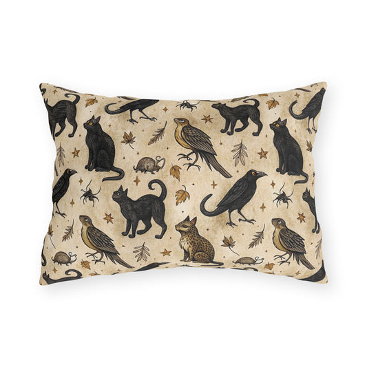 Black cats, ravens, hawks and autumn leaves on parchment cream outdoor lumbar pillow