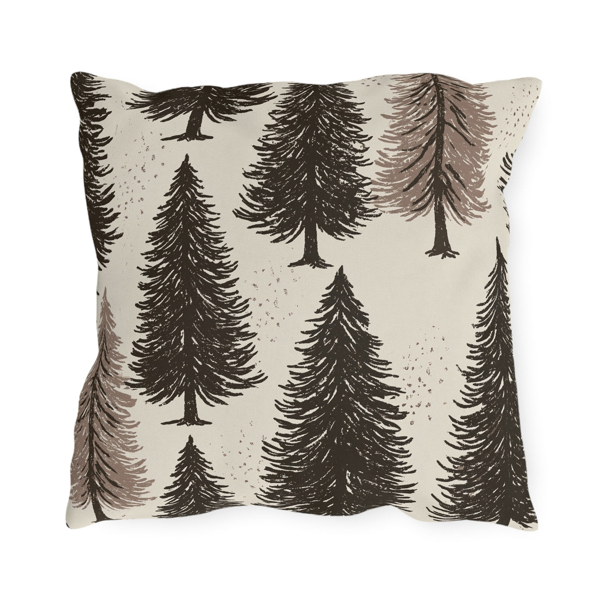 Large ink-sketched pine trees on a cream outdoor pillow