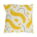 Modern yellow outdoor pillow with painted sunflower yellow waves and charcoal squiggles on cream
