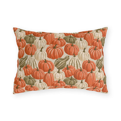 Orange, cream and green pumpkins and gourds on sand outdoor lumbar pillow
