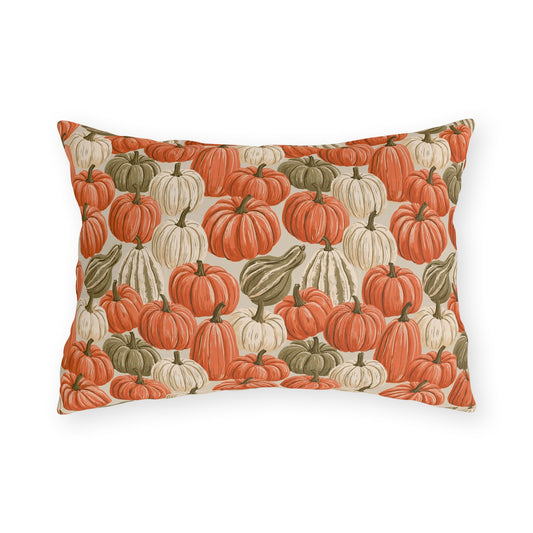 Orange, cream and green pumpkins and gourds on sand outdoor lumbar pillow