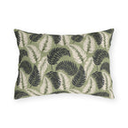 Navy and cream fern fronds on sage green outdoor lumbar pillow