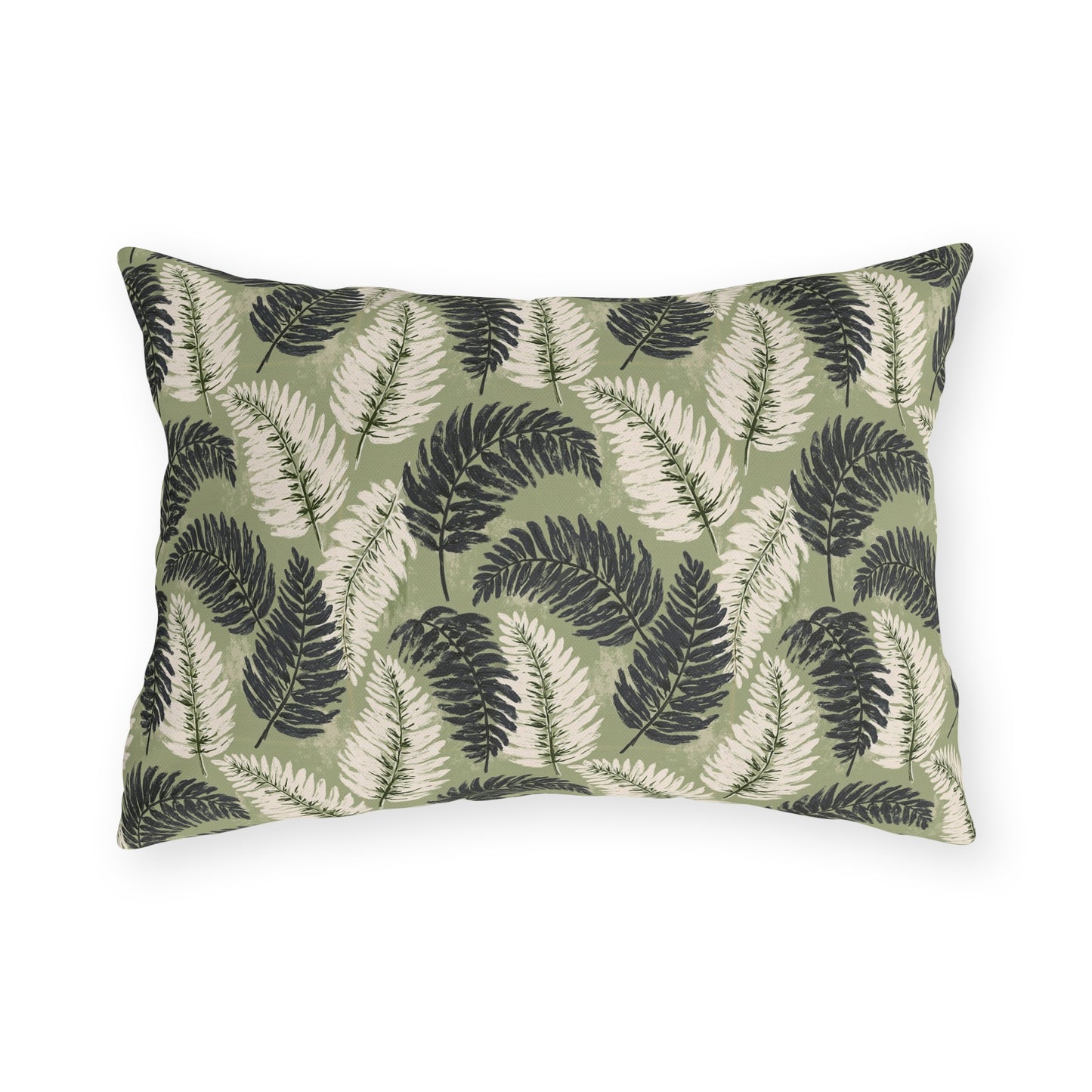 Navy and cream fern fronds on sage green outdoor lumbar pillow