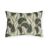 Navy and cream fern fronds on sage green outdoor lumbar pillow