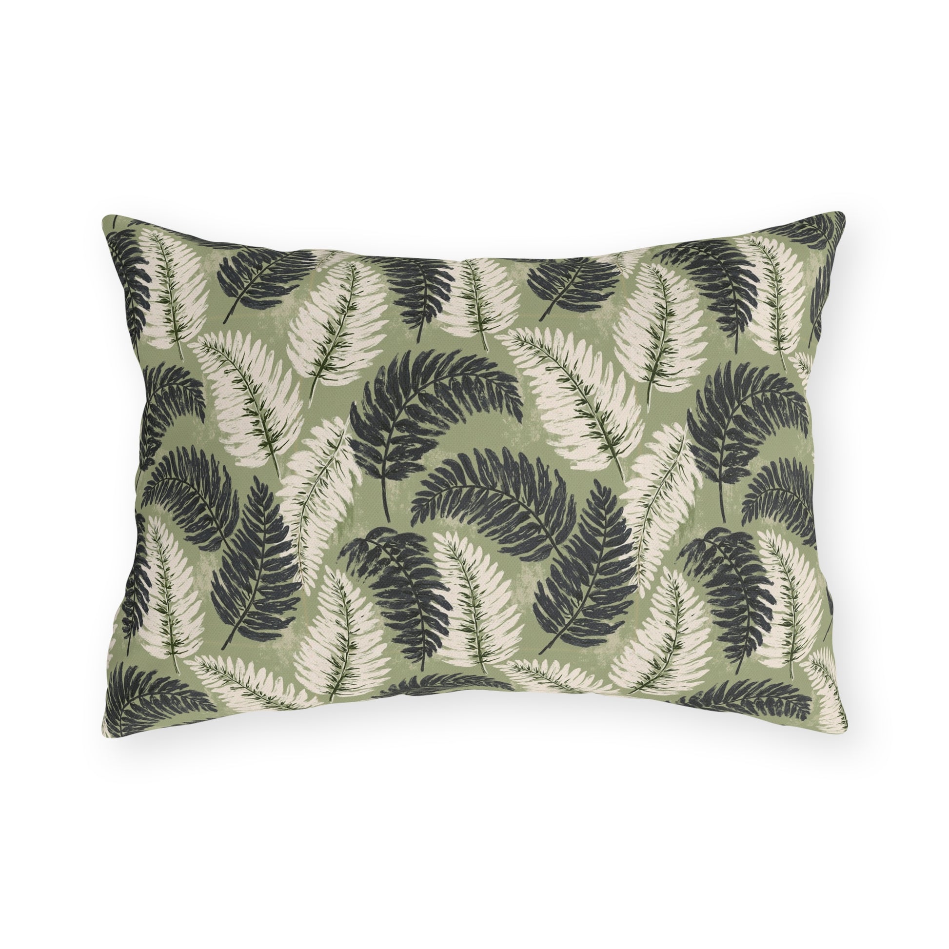 Navy and cream fern fronds on sage green outdoor lumbar pillow