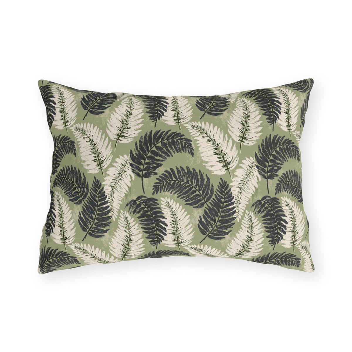 Navy and cream fern fronds on sage green outdoor lumbar pillow