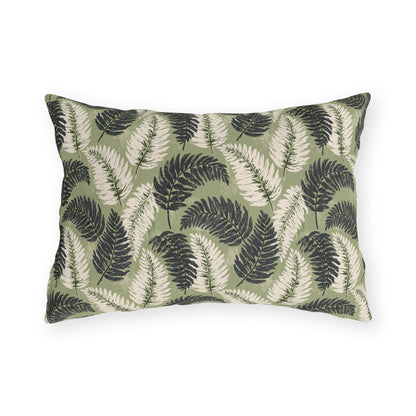 Navy and cream fern fronds on sage green outdoor lumbar pillow