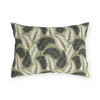 Navy and cream fern fronds on sage green outdoor lumbar pillow