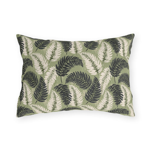 Navy and cream fern fronds on sage green outdoor lumbar pillow