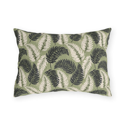 Navy and cream fern fronds on sage green outdoor lumbar pillow