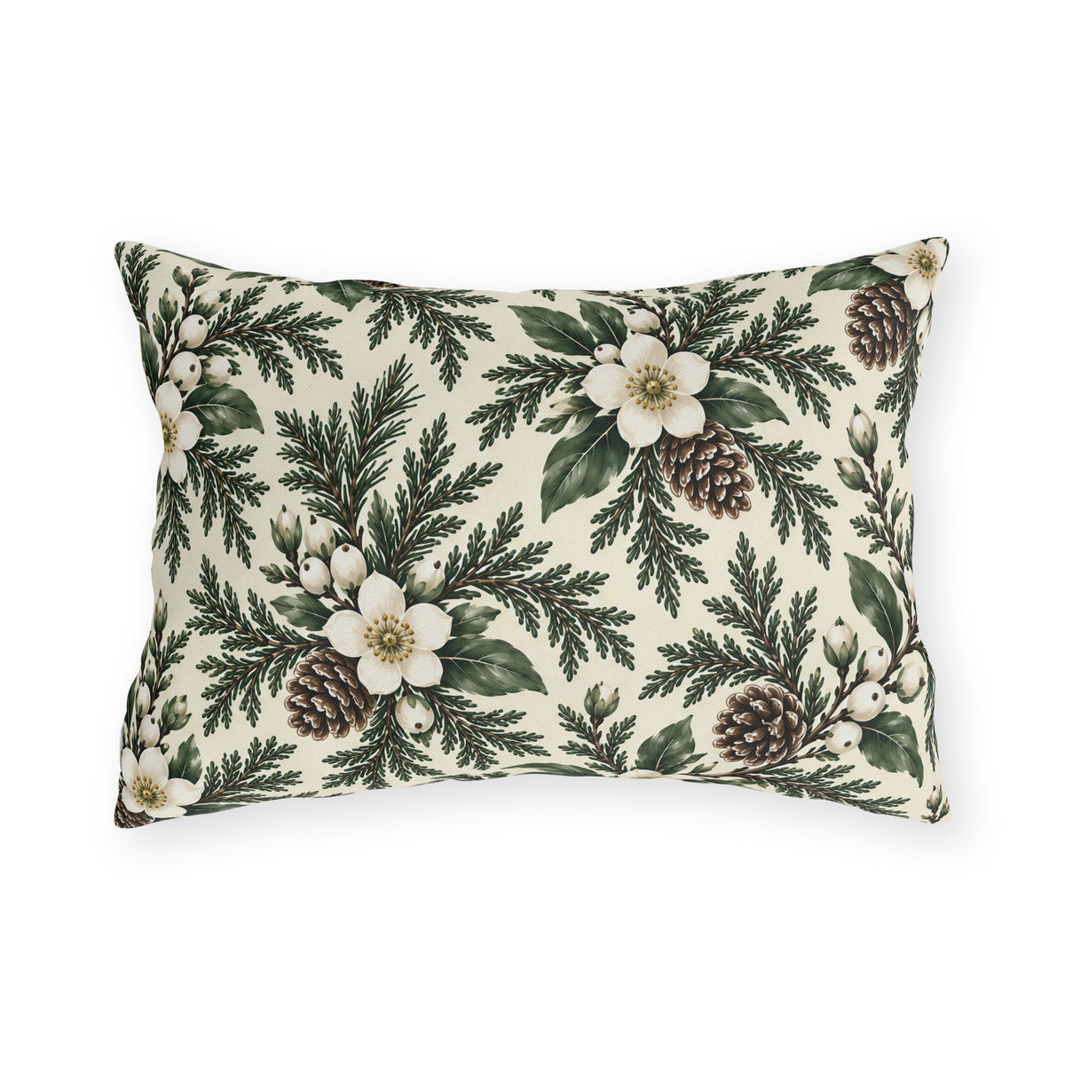 White winter roses, cedar, pinecones and white berries on a cream outdoor lumbar pillow