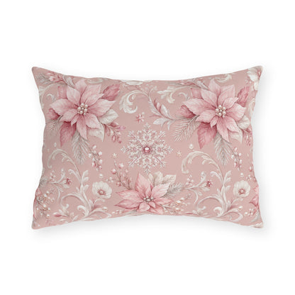 Pink poinsettias, snowflakes and pearls on dusty rose outdoor lumbar pillow