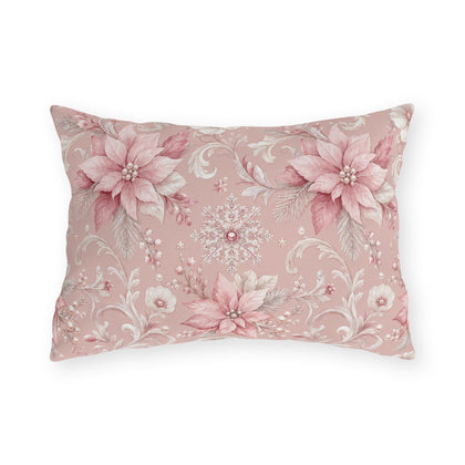 Pink poinsettias, snowflakes and pearls on dusty rose outdoor lumbar pillow