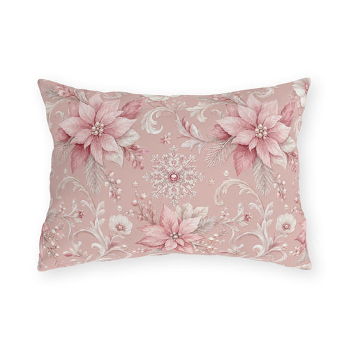 Pink poinsettias, snowflakes and pearls on dusty rose outdoor lumbar pillow