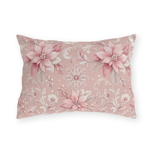 Pink poinsettias, snowflakes and pearls on dusty rose outdoor lumbar pillow
