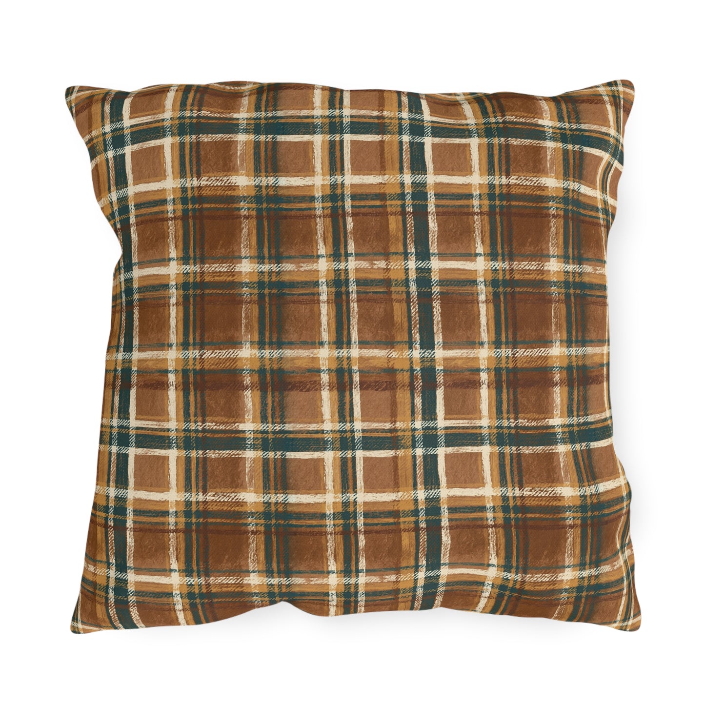 Brown, forest green and cream rustic plaid outdoor pillow