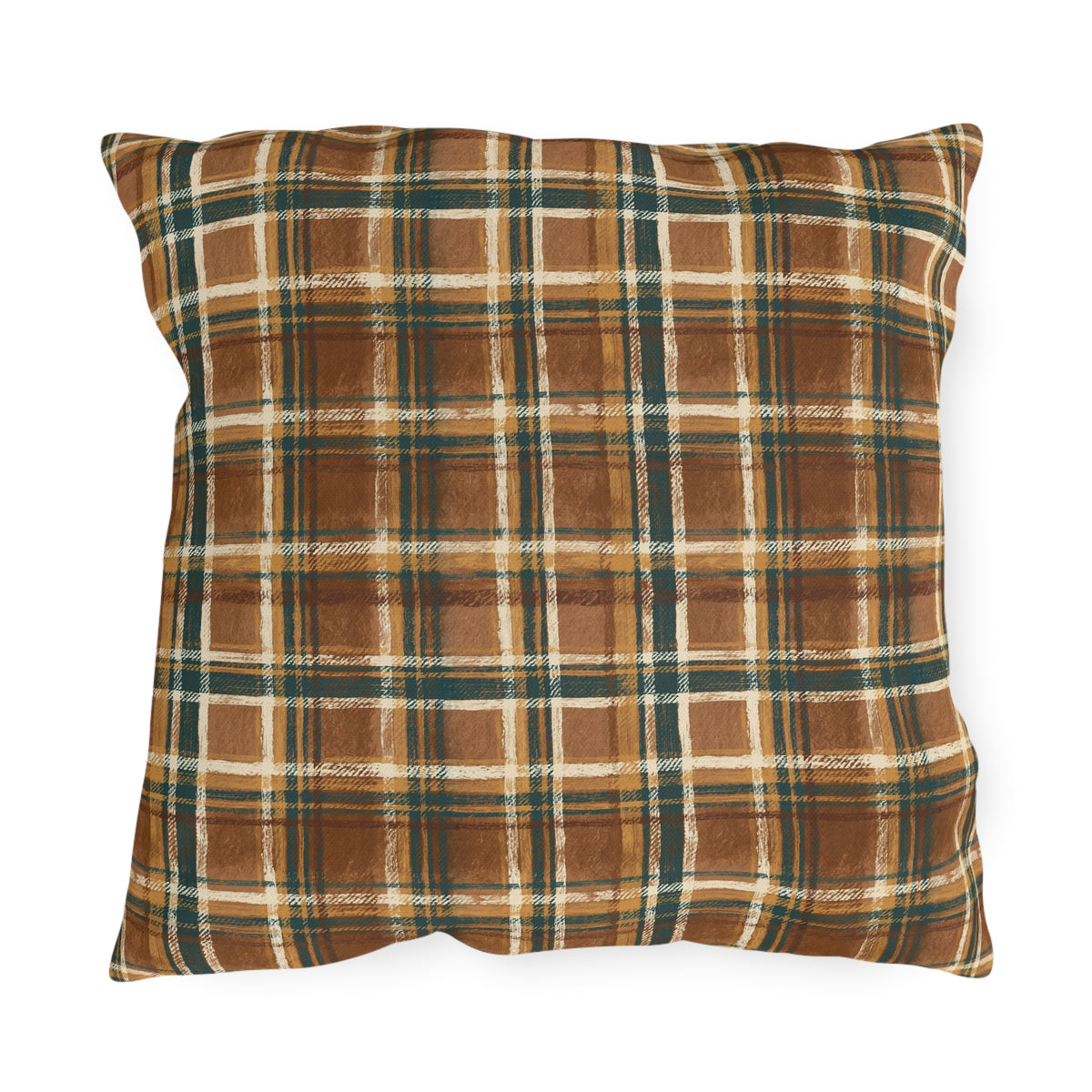 Brown, forest green and cream rustic plaid outdoor pillow
