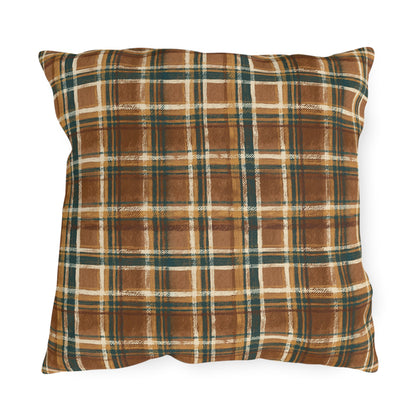 Brown, forest green and cream rustic plaid outdoor pillow