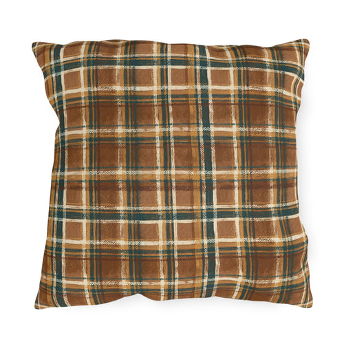 Brown, forest green and cream rustic plaid outdoor pillow