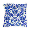 Cobalt blue delft damask pattern on a white outdoor pillow