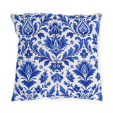 Cobalt blue delft damask pattern on a white outdoor pillow