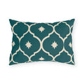 Teal Moroccan lantern tile outdoor lumbar pillow with cream outlines and small cream stars