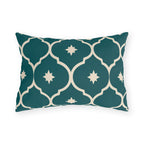 Teal Moroccan lantern tile outdoor lumbar pillow with cream outlines and small cream stars