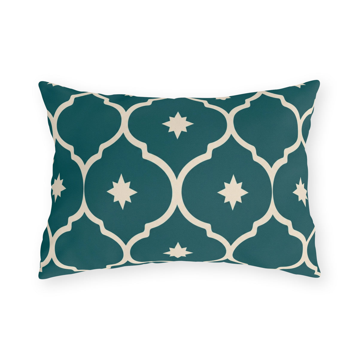 Teal Moroccan lantern tile outdoor lumbar pillow with cream outlines and small cream stars