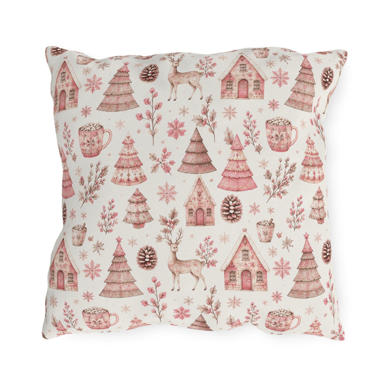Pink patterned Christmas trees, deer, gingerbread houses and cocoa mugs on cream outdoor pillow