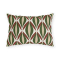 Modern retro outdoor lumbar pillow with mid-century ogee shapes in forest green, rust and tan on cream