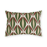 Modern retro outdoor lumbar pillow with mid-century ogee shapes in forest green, rust and tan on cream
