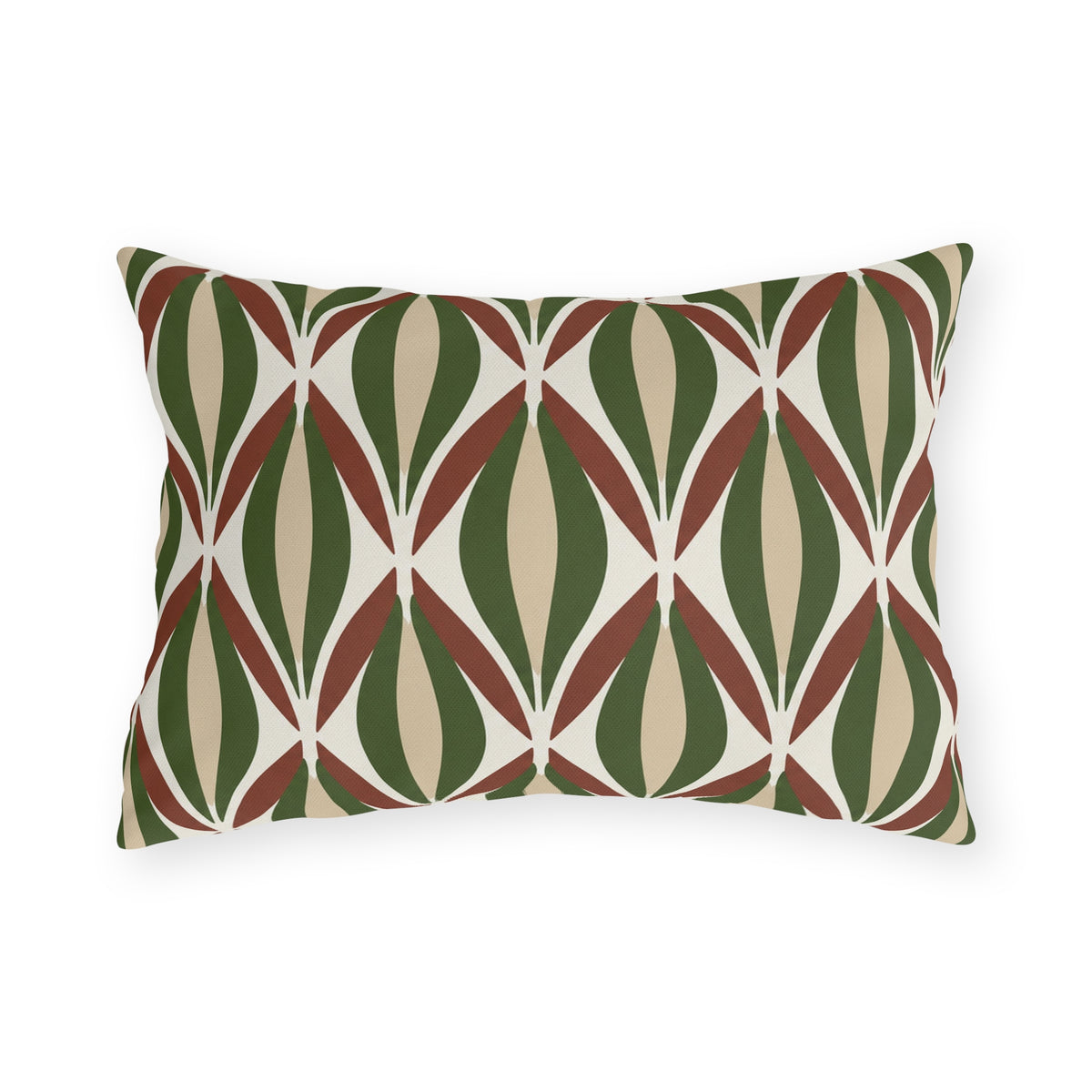 Modern retro outdoor lumbar pillow with mid-century ogee shapes in forest green, rust and tan on cream