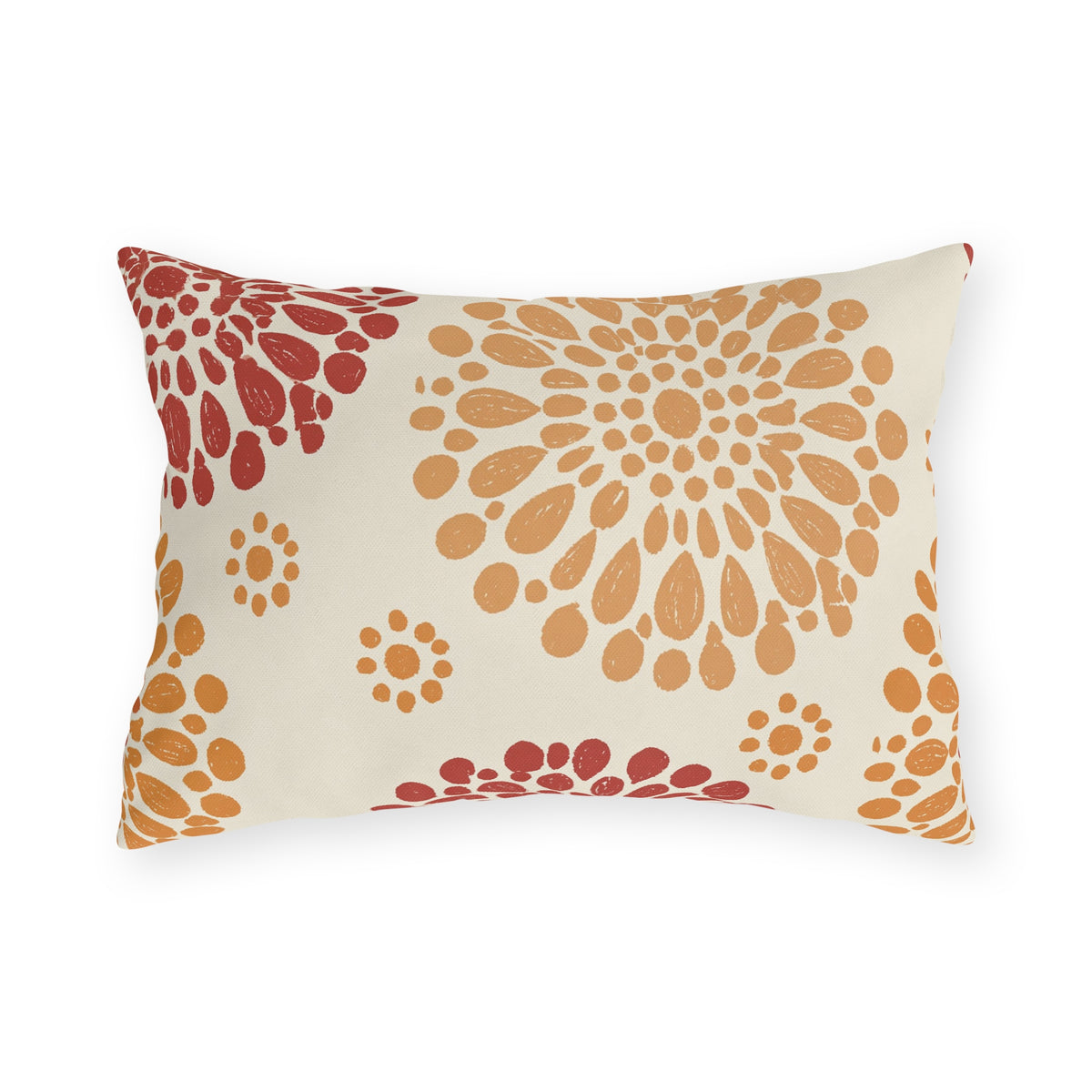 Fall outdoor lumbar pillow with block print chrysanthemums in rust red and orange on cream