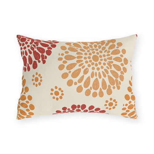 Fall outdoor lumbar pillow with block print chrysanthemums in rust red and orange on cream